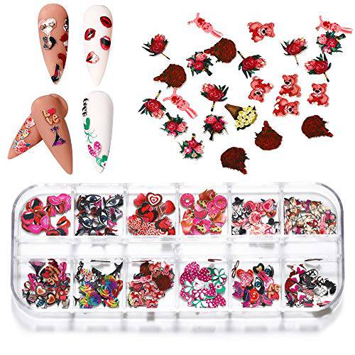 Macute Valentines Nail Glitter Decals, 12 Grids Valentine’s Day Nail Art Stickers 3D Nail Art Supplies Mix Lips Heart Rose Flowers Wood Pulp Chips Nail Confetti for Women Nail Art Decor and DIY Craft