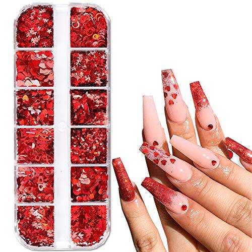 Red Nail Art Glitter Stickers Decals Heart Nail Sequins Charms Butterfly Nail Supplies Sparkle Nail Flakes Shiny Letter Maple Star 3D Design for Acrylic Nail Charms Valentine Day Nail Decorations