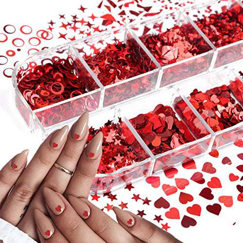 Valentine’s Day Heart Nail Art Glitter Sequins 3D Holographic Star Nail Art Stickers Decals 12Cells Laser Heart Butterfly Nail Glitter Flakes for Acrylic Nails Valentines Nail Art Supplies
