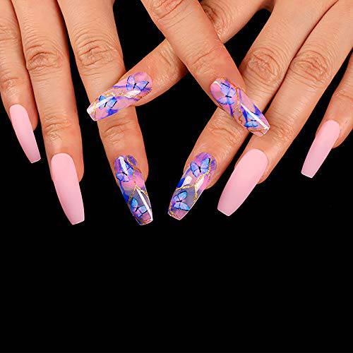 Morily 24pcs Fake Nails Blue Butterfly Ballerina Long Matte Coffin Clear Press on Nail False Tips Artificial Finger Manicure for Women and Girls (Blue)