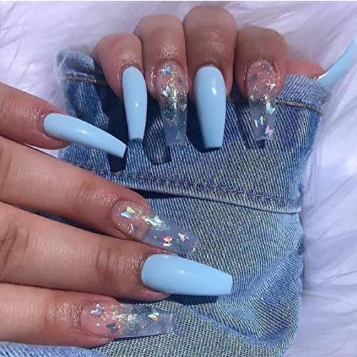 Aksod Glossy Gradient Blue Extra Long Press on Nails Square Coffin Fake Nails Butterfly Glitter Sequins Art Acrylic False Nails Tips Ballerina Nails for Women and Girls (Blue)