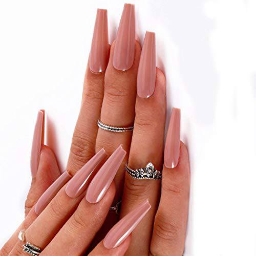 Outyua Coffin False Nails Nude Glossy Press on Nails with Designs Super Long Ballerina Acrylic Fake Nails Designer Artificial Full Cover Stick on Nail for Women and Girls 24Pcs (Nude)