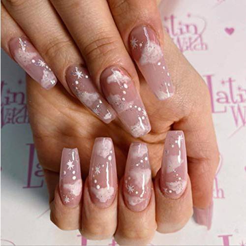 Aksod 24Pcs Glossy Nude Cloud Press on Nails Pink Snowflake Extra Long Square Coffin Fake Nails Glitter Sequins Shimmer Nails Art Acrylic Ballerina False Nails French Nails Tips for Women and Girls