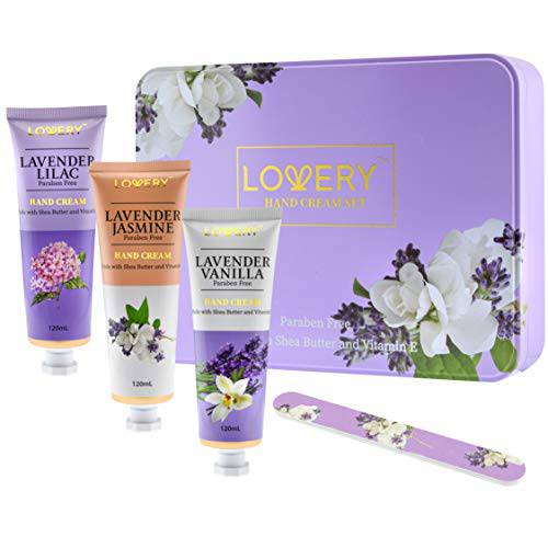 Christmas Gifts Lavender Hand Lotion Set, 3 Luxury Hand Creams Gift Set, Lavender Jasmine, Lavender Lilac, Lavender Vanilla, Nail Filer in a Metal Box with Vitamin E & Shea Butter, Paraben Free
