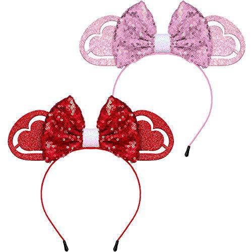 2 Pieces Valentine s Day Glitter Bow Heart Headband Sequin Headband Shiny Love Party Hairband for Women Girls Accessories