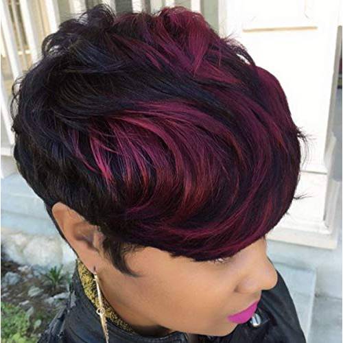 Nicelatus Short Ombre Burgundy Wigs for Black Women Short Synthetic Wigs with Wavy Bangs Short Pixie Cut Wig Ombre Hairstyle