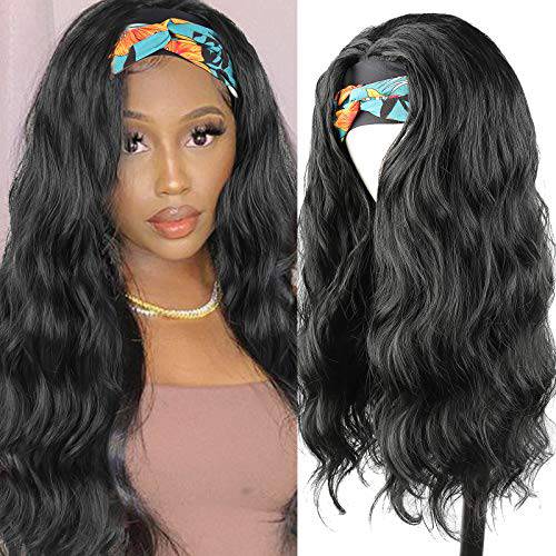 KRSI Body Wave Headband Wig for Black Women Natural Black Wig,Cute Curl Wave Headband Wigs with Headbands Attached Long Wigs,Curly Half Wig for Women(1B)