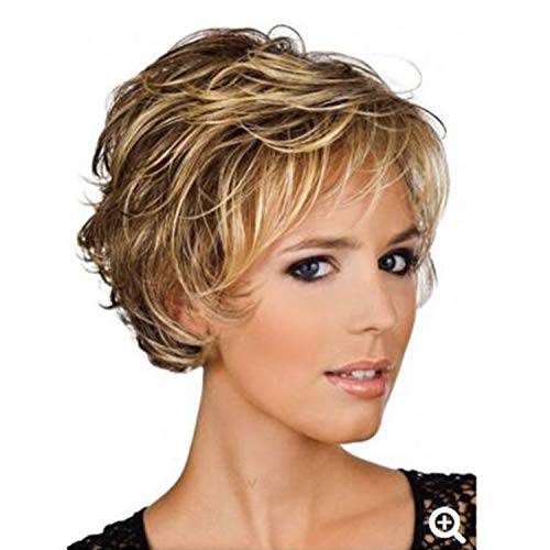 Short Brown Pixie Cut Wigs for White Women Brown Mixed Blonde Highlight Short Curly Synthetic Hair Wig with Bangs Natural Looking Daily Party Wig