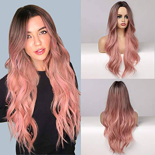 MORICA Ombre Pink Wigs for Women Long Wavy Wig Synthetic Wigs Heat Resistant Fiber Dark Brown Roots Middle Part 26 Inch