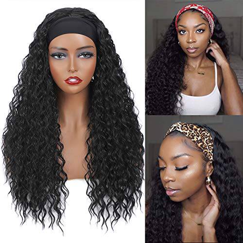 MarchQueen Deep Wave Curly Headband Wig 24inch Long Curly Synthetic Headband Wigs for Black Women, Natural Black Curly Half Wig with Headband Attached for Women and Girls Daily Wear