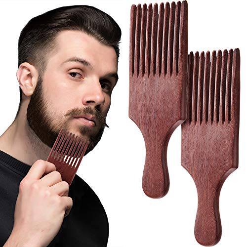 2 Pieces Wooden Beard Comb Wood Hair Pick Comb Beard Pick Comb Wooden Hair Picks Long Tooth Detangling Comb for Women Men (Natural Color) (Reddish Brown)