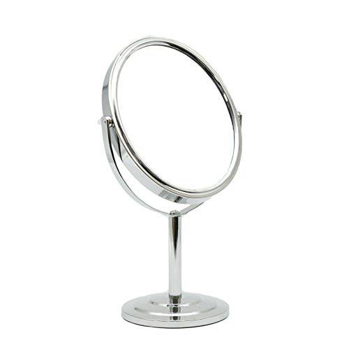 PINKZIO Tabletop Makeup Mirror, Two Sided 1X & 3X Magnifying Mirror, Magnified Vanity Mirror with 360 Degree Swivel for Bathroom or Bedroom, Chrome Finish, Silver