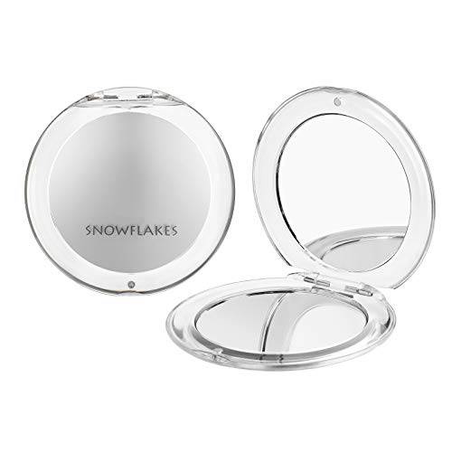 Magnifying Compact Mirror - Snowflakes Pocket Small Travel Hand Mirror, Double Sided 1x/10x Magnification Handheld Portable Mirror for Purses (Silver)