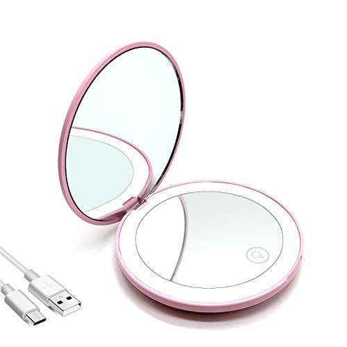 Surmopeak LED Compact-Mirror for Purses, Rechargeable 1X/10X Lighted-Magnifying-Compact-Mirror with Light, Dimmable Travel-Makeup-Mirror, Pocket-Mirror for Handbag, Pink
