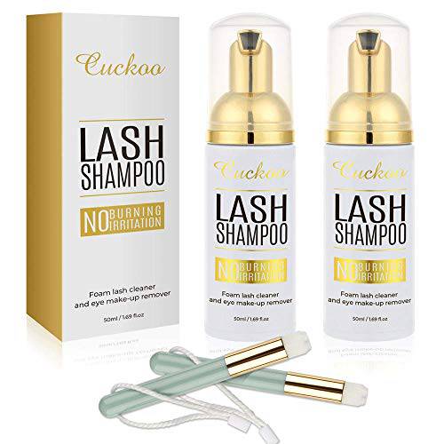 Eyelash Extension Cleanser-Cuckoo Lash Foam Shampoo 2 Bottle 50ml with 4 Brush Kit,Eyelid Foaming Cleanser,Lash Cleanser for Extensions Mascara Remover For Sensitive Skin-For Home & Salon Use
