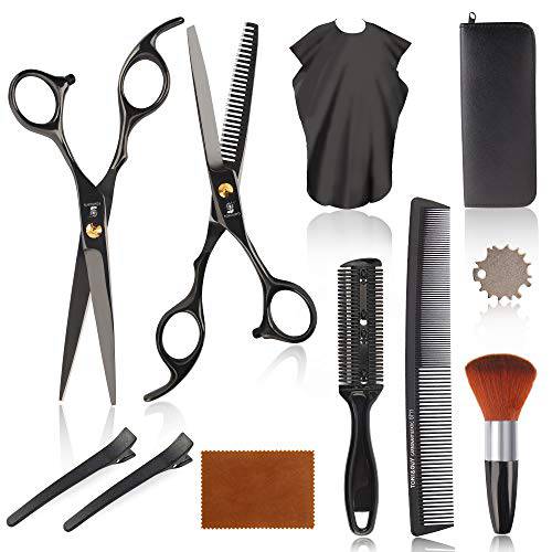 Tokouiyg 11 Pcs Hair Cutting Scissors Set, Professional Haircut Scissors Kit with Cutting Scissors, Thinning Scissors, Comb, Cape, Clips, Salon, Hair sweep brush, Shears Set for Barber, Salon, Home
