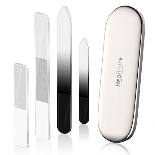 Glass Nail File and Nail Shiner, 4PC Crystal Nail File and Nano Glass Nail Buffer, Premium Set with Case, Professional Manicure Tool Fingernail Czech File for Natural Nail, Gift for Women and Girls
