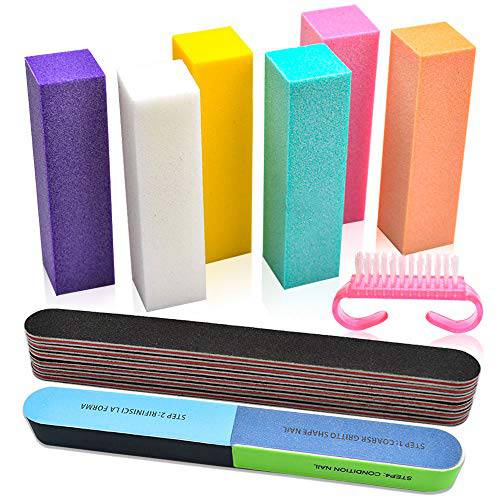 Professional Nail Files and Buffers Kit, 100/180 Grit Emery Boards for Nails, Colorful 4 Sides 120 Grit Nail Buffer Blocks, 7 Way Nail File Block with Finger Nail Brush for Salon Nail Art (14 PCS)