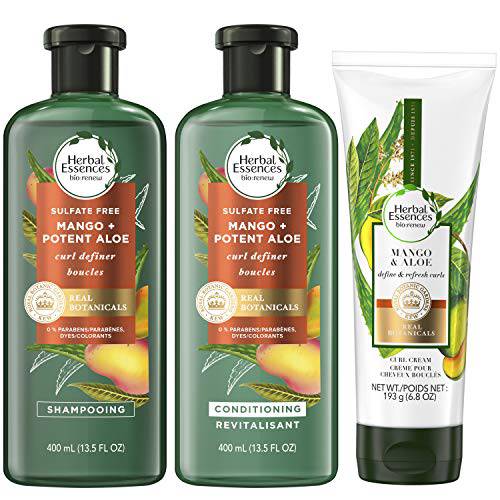 Herbal Essences bio:renew Sulfate Free Shampoo, Conditioner and Curl Cream Set – Includes Mango + Potent Aloe, 13.5 Fl Oz Each & Curl Cream, 6.8 Fl Oz – Complete Hair Care for Defined Curls