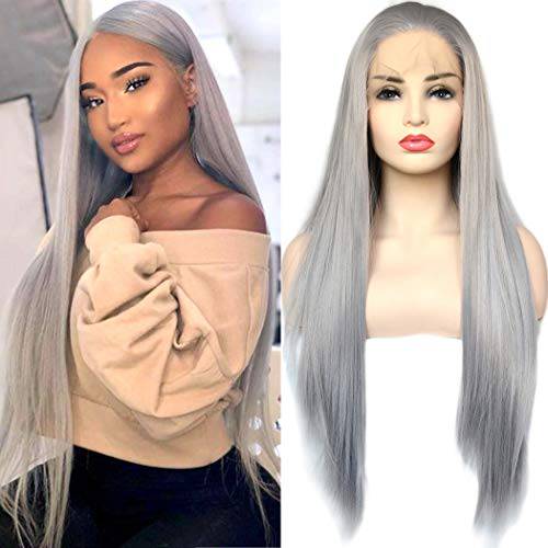 BLUPLE Gray Lace Front Wigs Long Silk Straight Synthetic Hair Replacement Full Wigs For Women Party Show (22 inches, Straight,Grey)