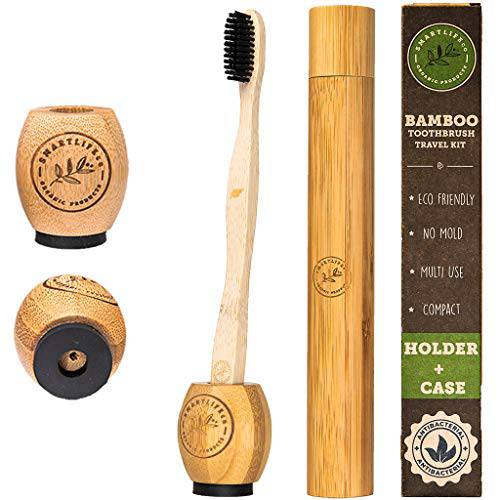 Bamboo Charcoal Toothbrush With Travel Case & Holder Kit - Extra Soft Natural Bristles For Sensitive Teeth | Eco Friendly Portable Wooden Travel Set | Organic Single Wood Toothbrushes Stand & Cover