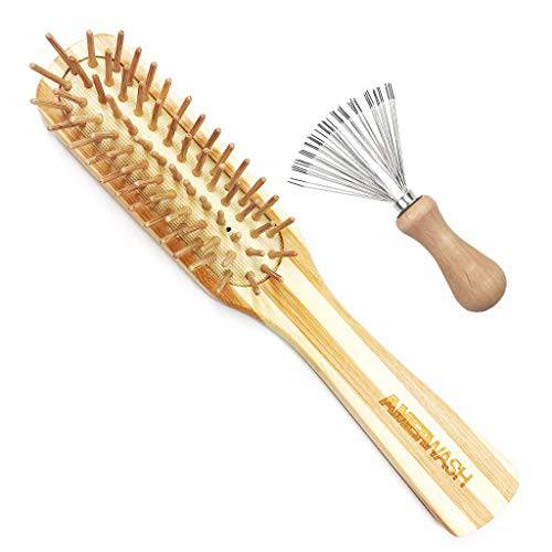 AMERWASH PLUS Bamboo Hair Brush with Cleaner Rake For Womens Thick Thin Curly and Straight Hair, Bamboo Bristles Help Hair Growth, Enhance Shine & Health