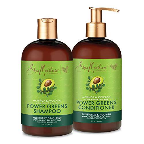 SheaMoisture Power Greens Curly Hair Shampoo and Conditioner Dry Hair Moringa Avocado to moisturize, 13 Fl Oz (Pack of 2)