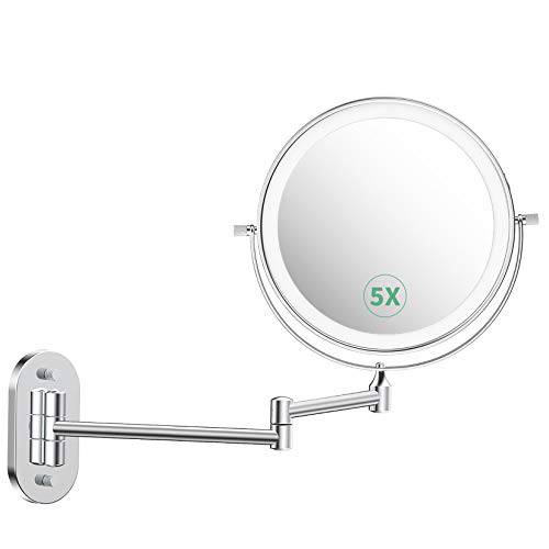 ALVOROG Wall Mounted Makeup Vanity Mirror 8 inch 3 Color Lighting Dual Power Supply Touch Screen Light Adjustable Timing Cosmetic Mirror 1X/5X Magnifying 360° Swivel Shaving Light up Bathroom Mirror