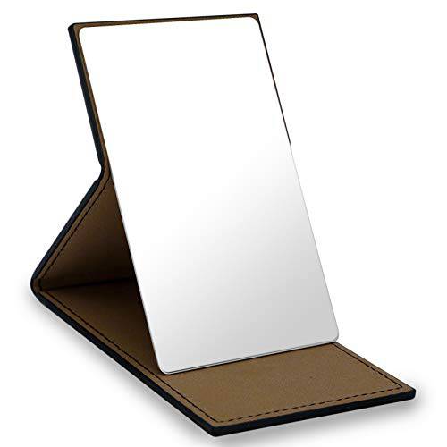 HOHIYO Compact Mirror, Unbreakable Shatterproof Stainless Steel Folding Small Travel Mirror with PU Leather Case Cover for Makeup,Camping, Travelling(Black)