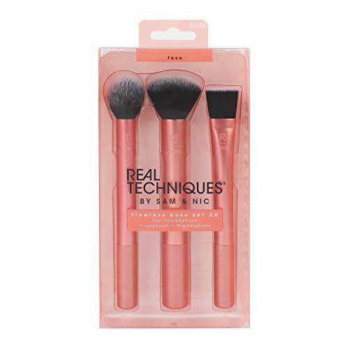 Real Techniques Flawless Base Makeup Brush Kit 2.0, Face Brush Set for Liquid, Cream, & Powder Products, Bronzer & Foundation, Streak Free Makeup Application, Soft Synthetic Brushes, 3 Piece Set
