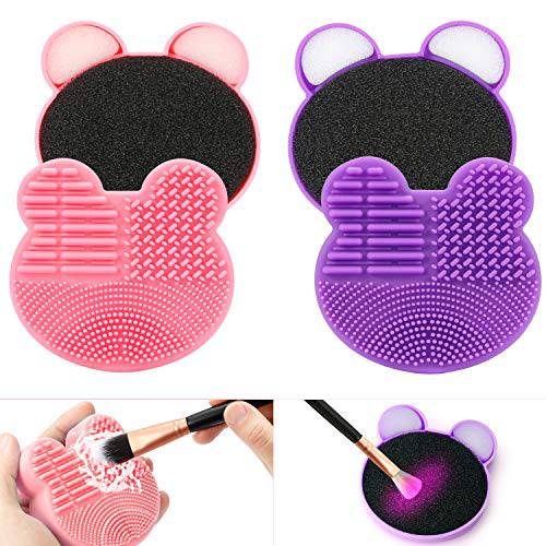 TailaiMei 2 Pack Makeup Brush Cleaning Mat with Color Removal Sponge, 2 in 1 Design Silicone Cleaner Pad for Dry Brush Color Switch and Wet Cleaning (Pink&Purple)