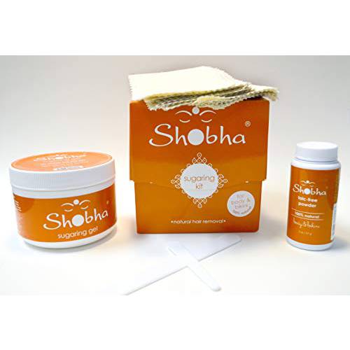 Shobha Sugaring Kit – Professional Salon Formula Hair Removal Kit – Sugaring Wax, Muslin Strips, Pre-Waxing Powder & Plastic Reusable Spatulas – Gentle Waxing Alternative