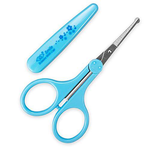 Humbee, Stainless Steel Hair Grooming and Trimming Scissors Set, For Facial Hair, Nose Hair, Eyebrow Scissors, Eyelash Scissors, Mustache, and Beard (Safety Edge, Blue Long Cap)