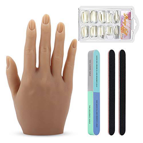 Silicone Nail Training Hand for Acrylic Nails, Mannequin Hands for Nails Practice, Life Size Fake Hand for DIY Nails with 100pcs Nail Tips, 3pcs Nail Files