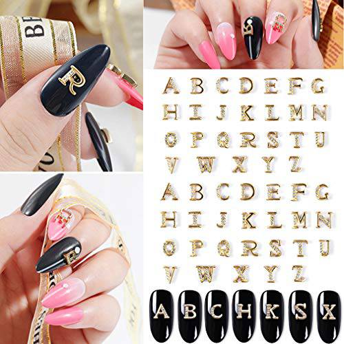 52 Pcs 3D Metal Nail Studs Decoration Glitter Gold Capital English Letters and Rhinestone Combination Set DIY Designs Supplies for Women