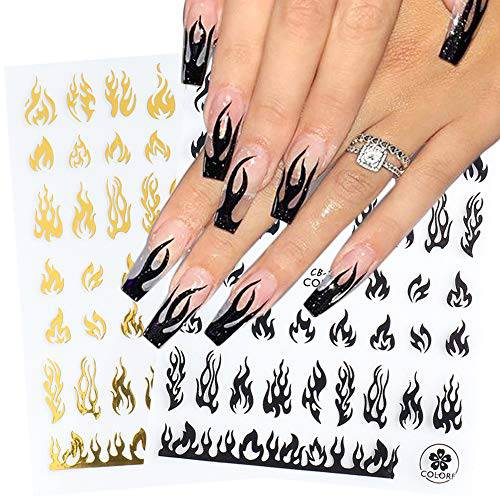 Flame Nail Art Stickers Decals Holographic Fire Nail Decals Nail Art Supplies Flame Fire Design Nail Stickers for Women Girls Nail Decorations Manicure Decor Tips Gold Black Sliver White 4 Colors