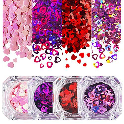 4 Colors Heart Shape Nail Glitter, Ultra Thin Nail Sequin Paillette, Laser Nail Art Flakes, Shining Spangle for Face DIY Crafts