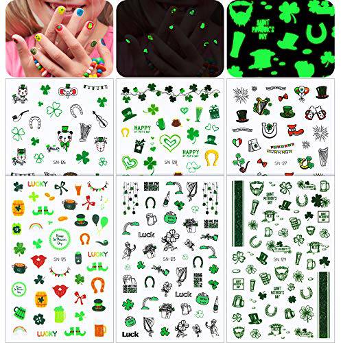 12 Sheets St. Patrick’s Day Nail Art Stickers Luminous Nail Stickers Shamrock Nail Sticker Decals Self-Adhesive Nail Tips Decorations Irish Green Nail Decals for Women Girls DIY Manicure Nail Art