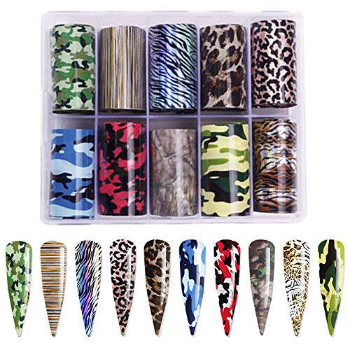 Nail Art Foil Transfer Stickers, Camouflage and Leopard Print Design Nail Foil Adhesive Decals, Christmas Decals Foil Stickers Set Nail Tips Manicure Women and Girls Nail Art DIY (10 Rolls Mix Styles)