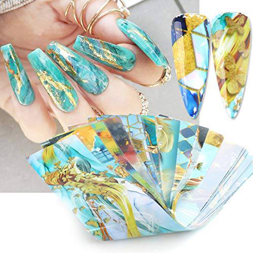 Marble Nail Foils Glue Transfer Nail Art Foils for Nail Art Designs Dream Golden Abstract Green Marble Nail Art Decoration Kits Beauty Nail Charms Supplies Nail Stickers Designer Nail Stickers Decals(10 sheets)
