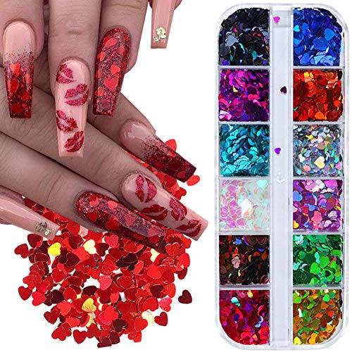 3D Heart Nail Art Glitter Sequins Nail Art Supplies 12 Colors Holographic Laser Nail Art Flake Acrylic Paillettes Design Colorful Nail Art Stickers Nail Sparkle Glitter Manicure Tip Charms Decoration