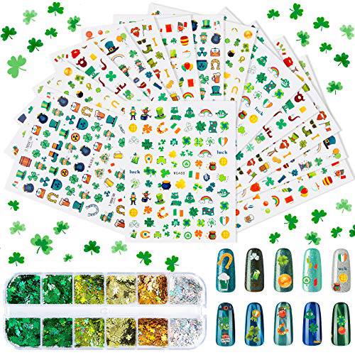 Above 1200 Pieces 14 Sheets St. Patrick’s Day Nail Art Sticker Shamrock Irish Self-Adhesive Nail Decal and 12 Box Shamrock Nail Sequin Nail Glitter for St. Patrick’s Day Nail