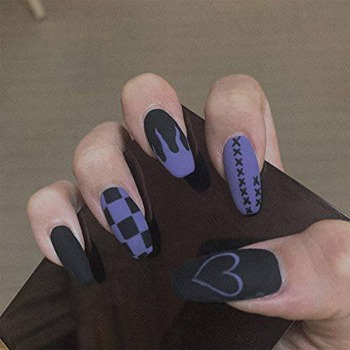 BABALAL Coffin Press on Nails, 24Pcs Flame Fake Nails Matte False Nails Acrylic Nails with Design for Women and Girls