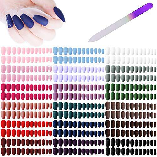 editTime Solid Colors Matte Acrylic Ballerina Coffin Square False Nails Full Cover Press on Natural Medium Fake Nails Tips with a Crystal Glass Nail File