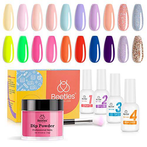 Beetles Dip Powder Nail kit, Dip Nails Powder Starter Kit with 20 Nude Pink Red Pastel Neon Blue Dip Powder Colors Best Gift Collection with Dip Powder Base Activator and Top Coat Gift for Women
