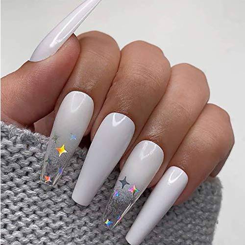 BABALAL 24Pcs Long Coffin Fake Nails Gradient White False Nails Star Full Cover Artificial Press on Nails for Women and Girls Christmas Nails