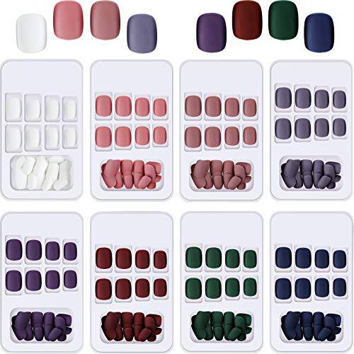 192 Pieces Short Matte Press on Nail Acrylic Short Square Glue on Nails Colorful False Nails Full Cover Coffin Artificial Fake Nail for Women and Girls 8 Boxes (Multicolor,Short Style)