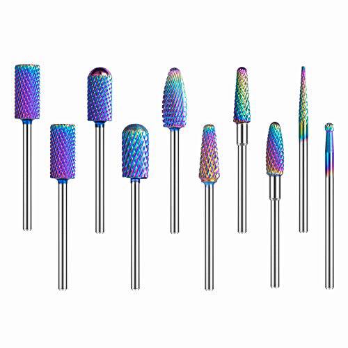 MelodySusie Nail Drill Bits Set, 10pcs Tungsten Carbide Nail Bits for Nail Drill E-file, 3/32 inch Bits Manicure Pedicure Remover Tools for Acrylic Gel Nails, Salon Home Nail Care Supplies, Colorful