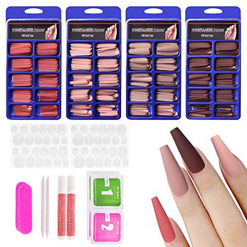 Allstarry 400pcs Matte Press on Nails Extra Long Ballerina Coffin Fake Nails Acrylic Artificial Nails Red Pink Full Cover Colorful Nails with Box Nail Accessories for Women and Girls