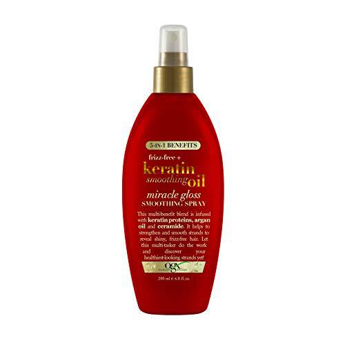 Frizz-Free + Keratin Smoothing Oil Miracle Gloss Spray, 5 in 1, De-frizz & Shiny Hair, Argan Oil